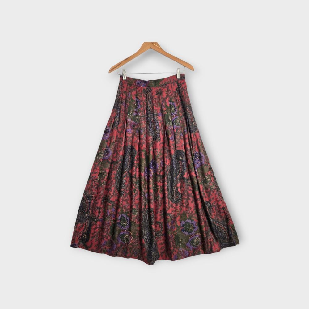 Vintage 80s Saks Fifth Avenue Pleated Midi Skirt 8 Paisley Floral Dark Romantic